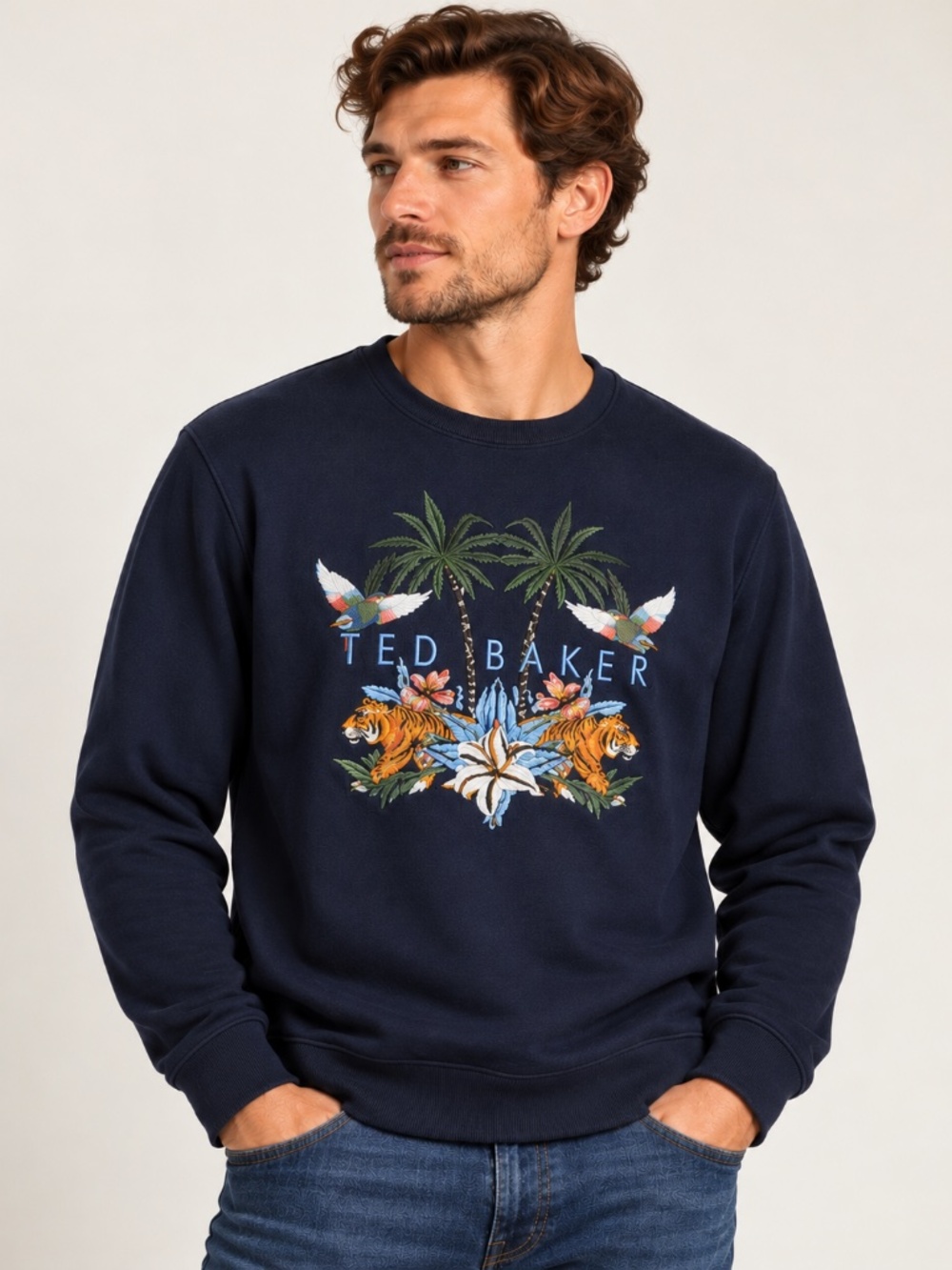Ted Baker BENIY Tropical Tiger Embroidered Sweatshirt Navy Size 5 XL